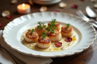 Assiette de coquilles Saint-Jacques snackées accompagnées d'une crème de chou-fleur et pancetta croustillante pour un dîner de fête raffiné