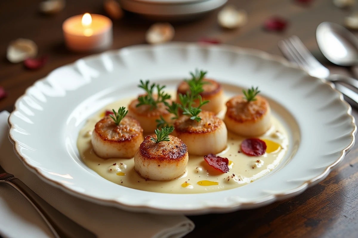 Assiette de coquilles Saint-Jacques snackées accompagnées d'une crème de chou-fleur et pancetta croustillante pour un dîner de fête raffiné