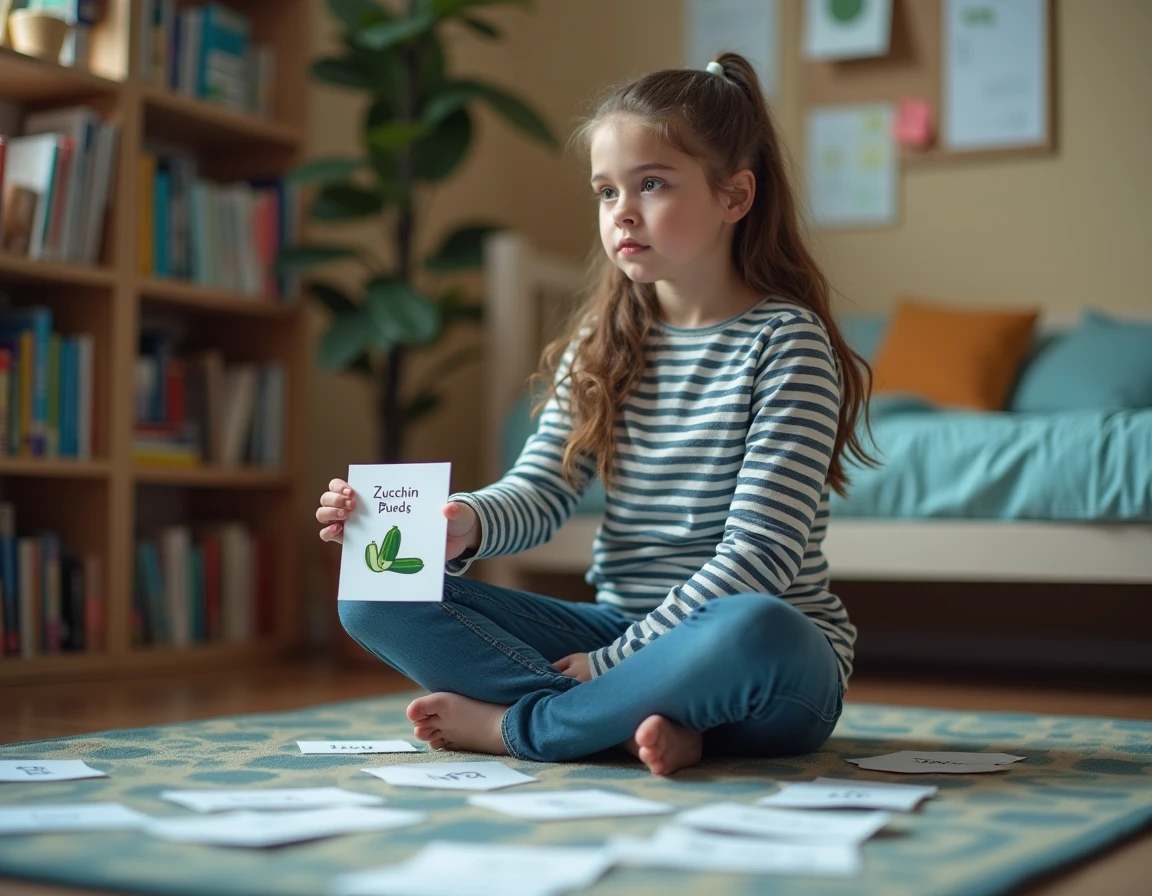 Adolescente révisant les noms de légumes en V avec des fiches sur le sol de sa chambre