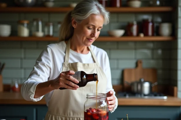 Femme versant de l'alcool 90° sur des fruits dans un bocal en verre pour la conservation maison