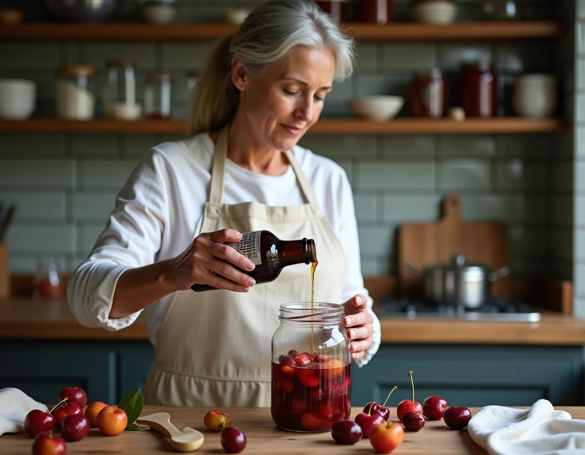 Femme versant de l'alcool 90° sur des fruits dans un bocal en verre pour la conservation maison