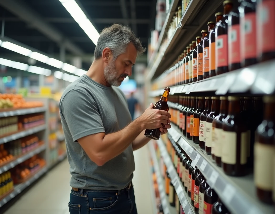Homme examinant une bouteille d'alcool 90° pour fruits dans le rayon d'un supermarché Leclerc
