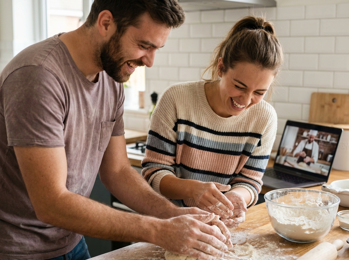 Deux amis apprenant à faire du pain maison ensemble en suivant un tutoriel de cuisine en ligne