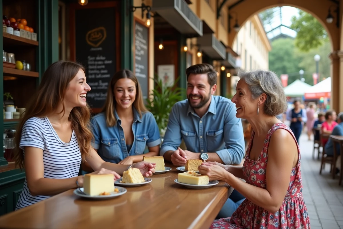 Groupe d'amis partageant des spécialités régionales au café d'un marché couvert de Toulouse près du Marché Victor Hugo