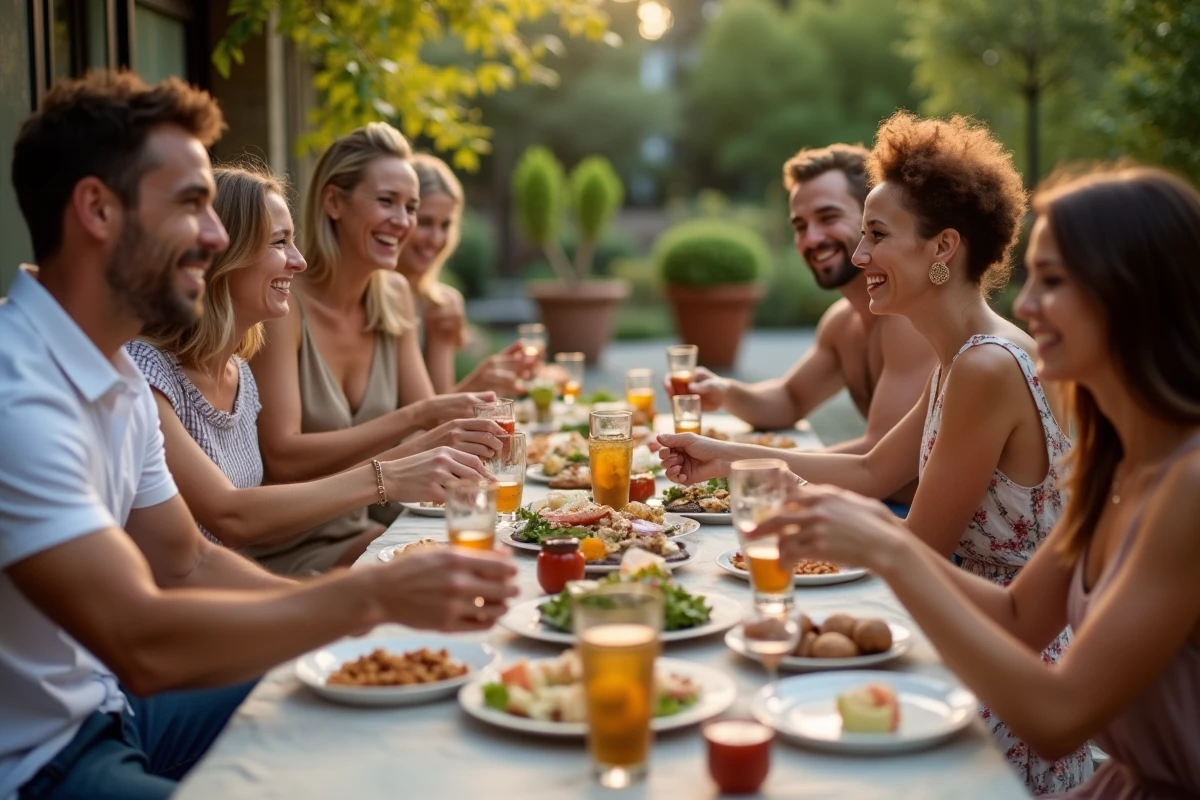 Groupe d amis partageant un repas sur une terrasse en soirée
