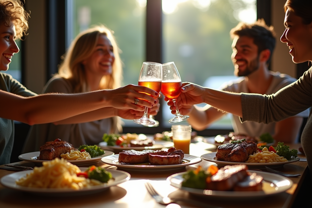 Groupe d amis souriants trinquant dans un restaurant moderne