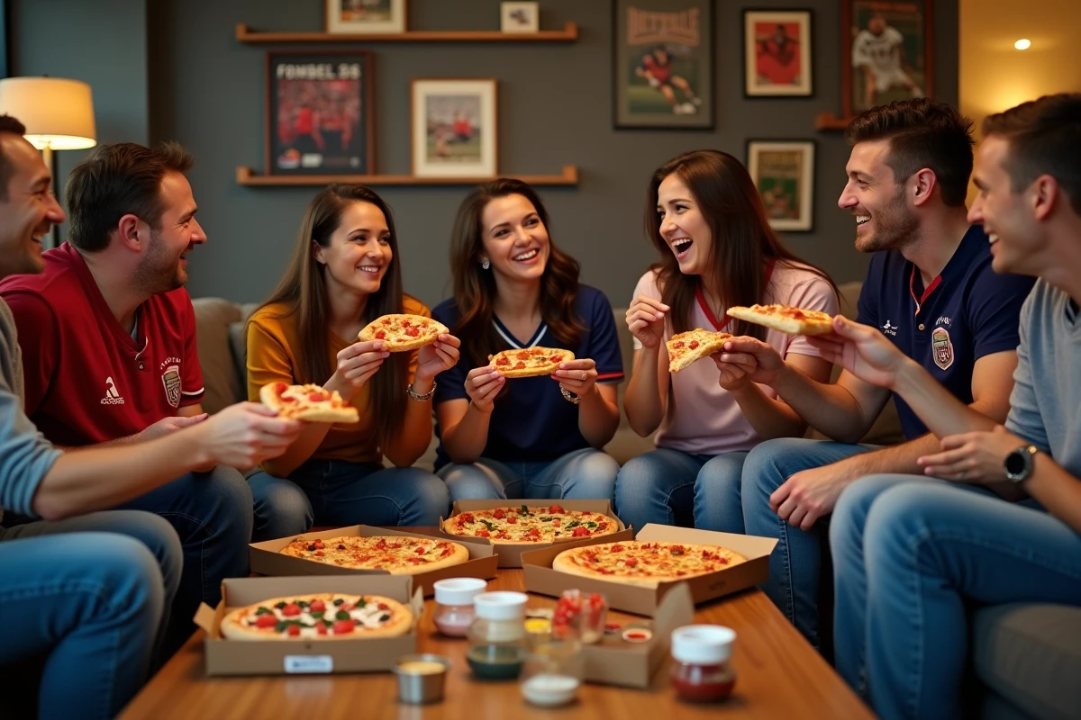 Groupe d'amis autour d'une pizza en soirée conviviale