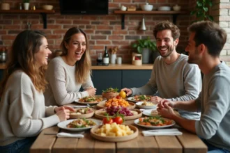 Groupe d'amis autour d'une table conviviale en cuisine