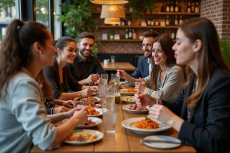 Groupe d'amis partageant un repas italien à Ober Mamma