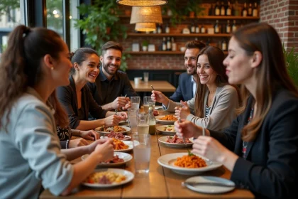 Groupe d'amis partageant un repas italien à Ober Mamma