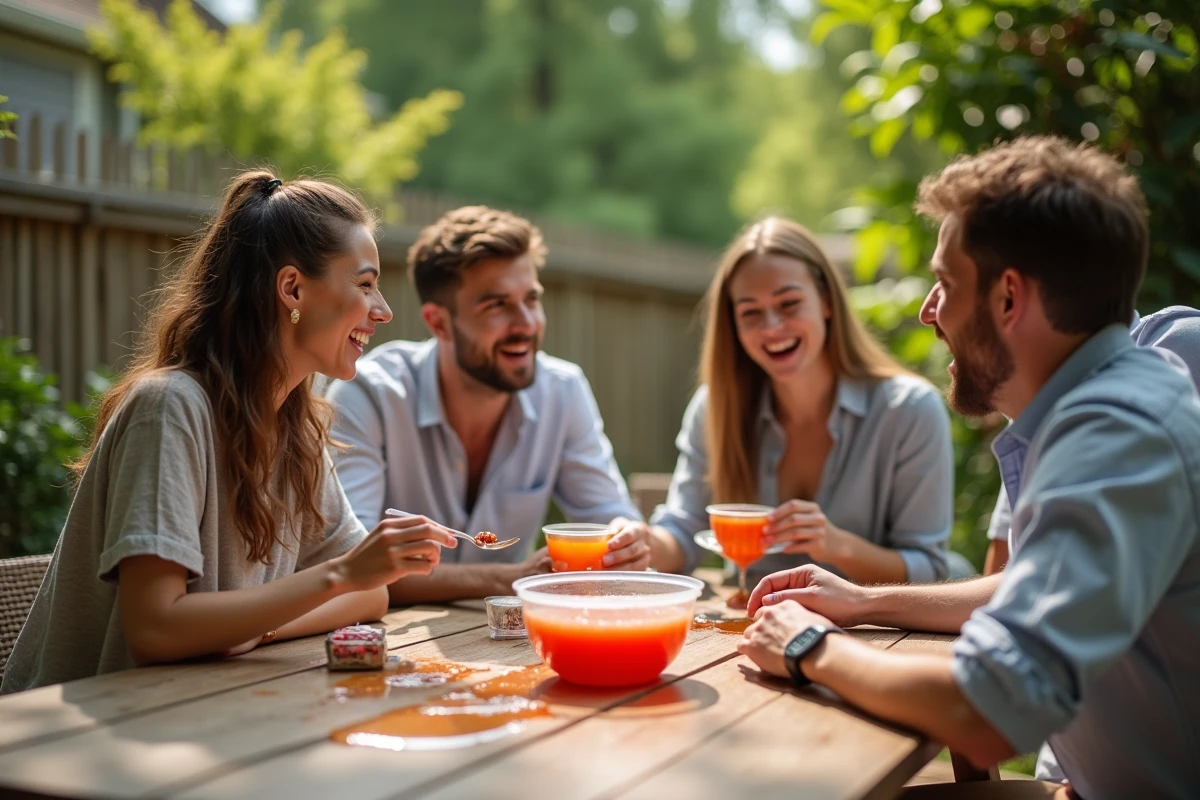Groupe d amis surpris autour d une table de patio en extérieur