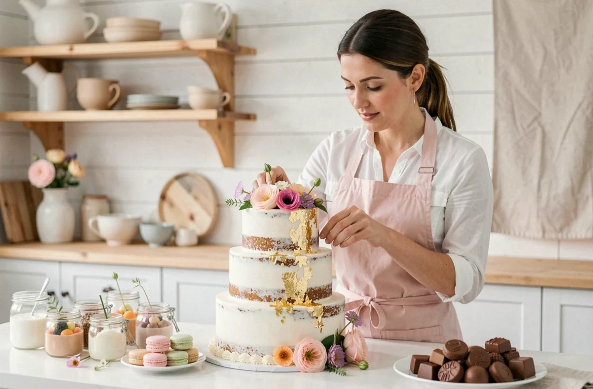 Anaïs Sassi, traiteur pâtissière, décorant un gâteau de fête avec des fleurs comestibles dans son atelier