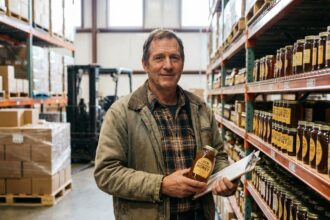 Homme apiculteur posant avec pots de miel en entrepôt