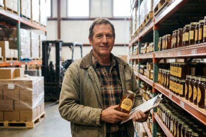 Homme apiculteur posant avec pots de miel en entrepôt