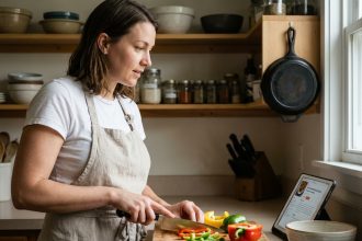 Femme apprenant à cuisiner seule chez elle en suivant une recette sur tablette dans une cuisine authentique