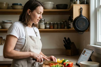 Femme apprenant à cuisiner seule chez elle en suivant une recette sur tablette dans une cuisine authentique