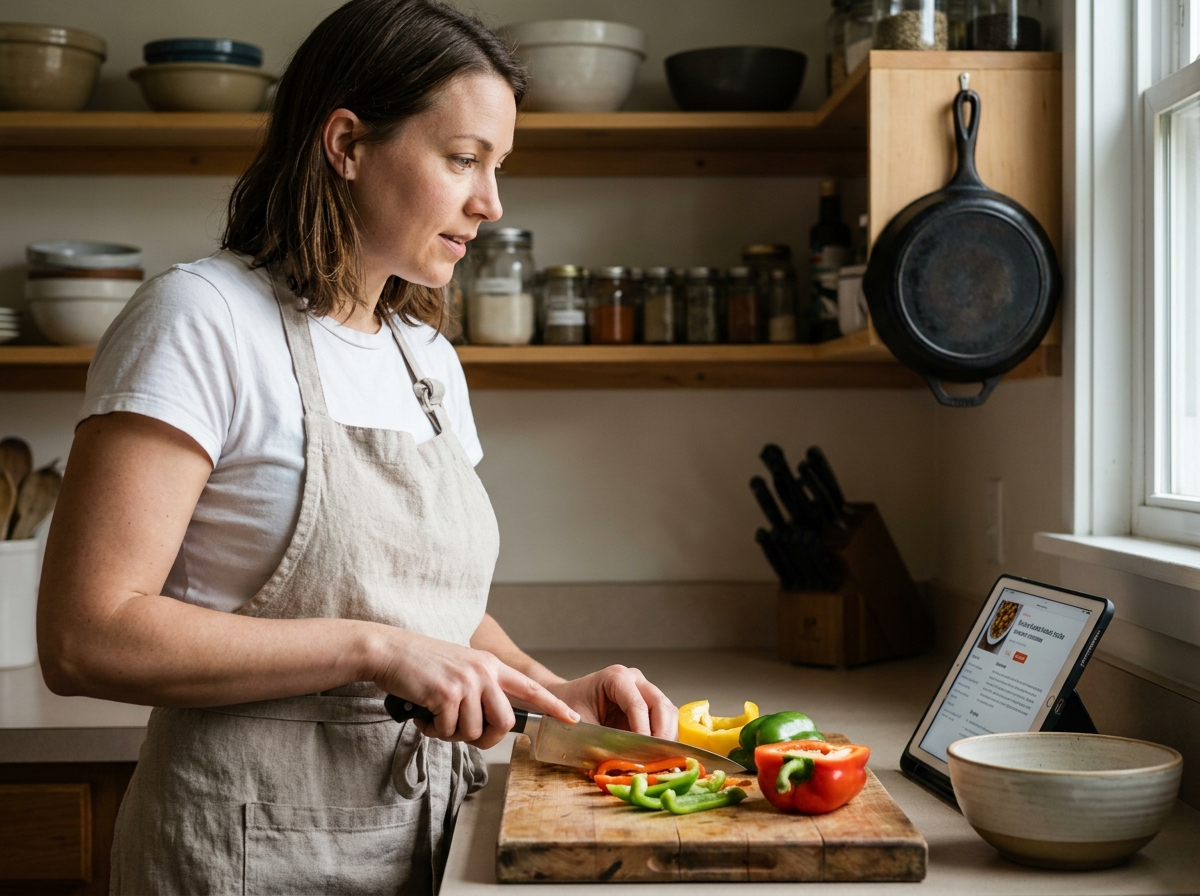 Femme apprenant à cuisiner seule chez elle en suivant une recette sur tablette dans une cuisine authentique