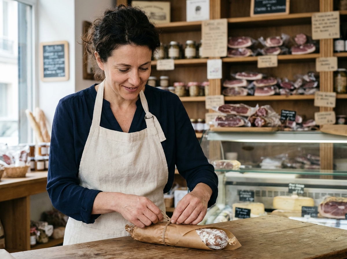 Femme artisane emballant un saucisson sec dans du papier kraft dans une épicerie fine traditionnelle