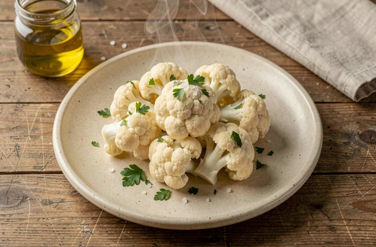 Assiette de fleurettes de chou-fleur vapeur sur table en bois rustique avec persil frais et fleur de sel