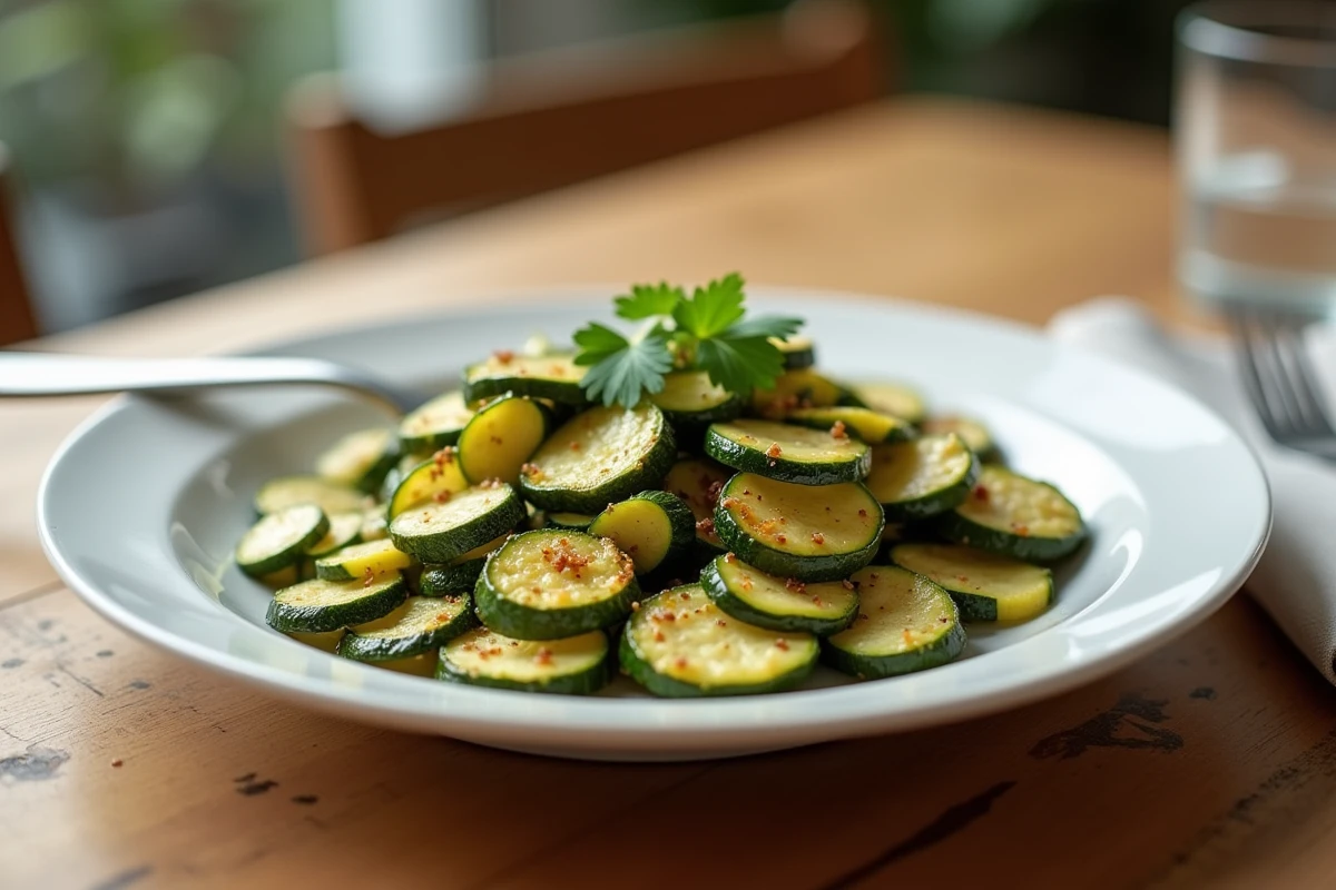 Assiette de courgettes sautées dorées garnies de persil frais sur une table en bois
