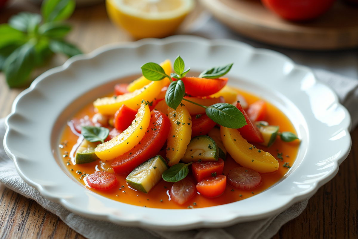 Assiette colorée de fruits et légumes tranchés en cuisine