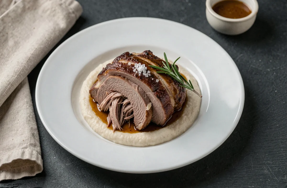 Assiette gastronomique d'épaule d'agneau confite effilochée sur purée de haricots blancs avec jus de cuisson réduit