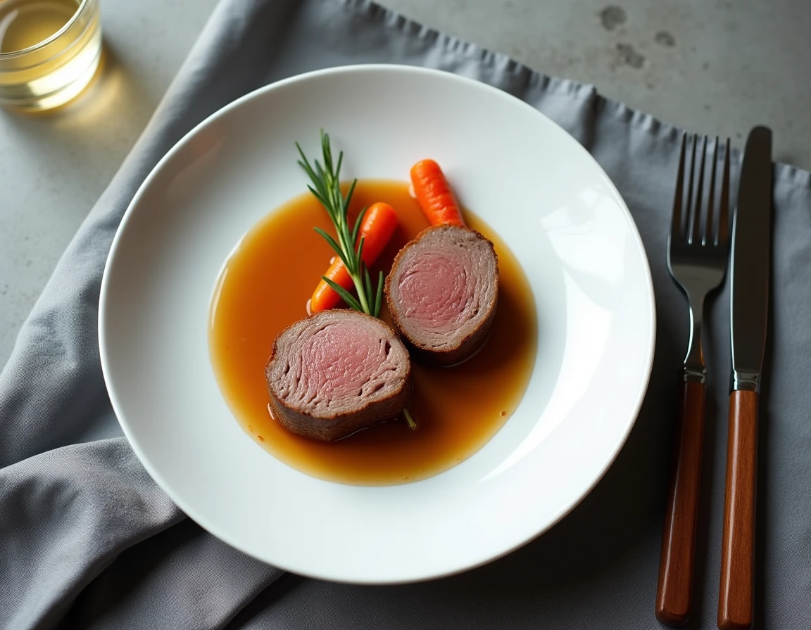 Assiette de filet mignon de porc rosé avec jus de cuisson, carottes rôties et romarin sur table minimaliste