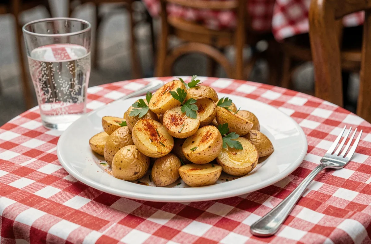 Assiette de pommes de terre croustillantes rôties à l'huile d'olive servies dans un bistrot français sur une nappe à carreaux rouge et blanc