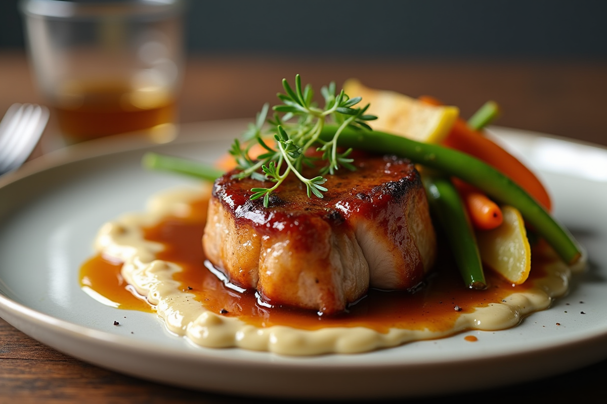 Assiette de joue de porc glacée à la sauce bière avec légumes