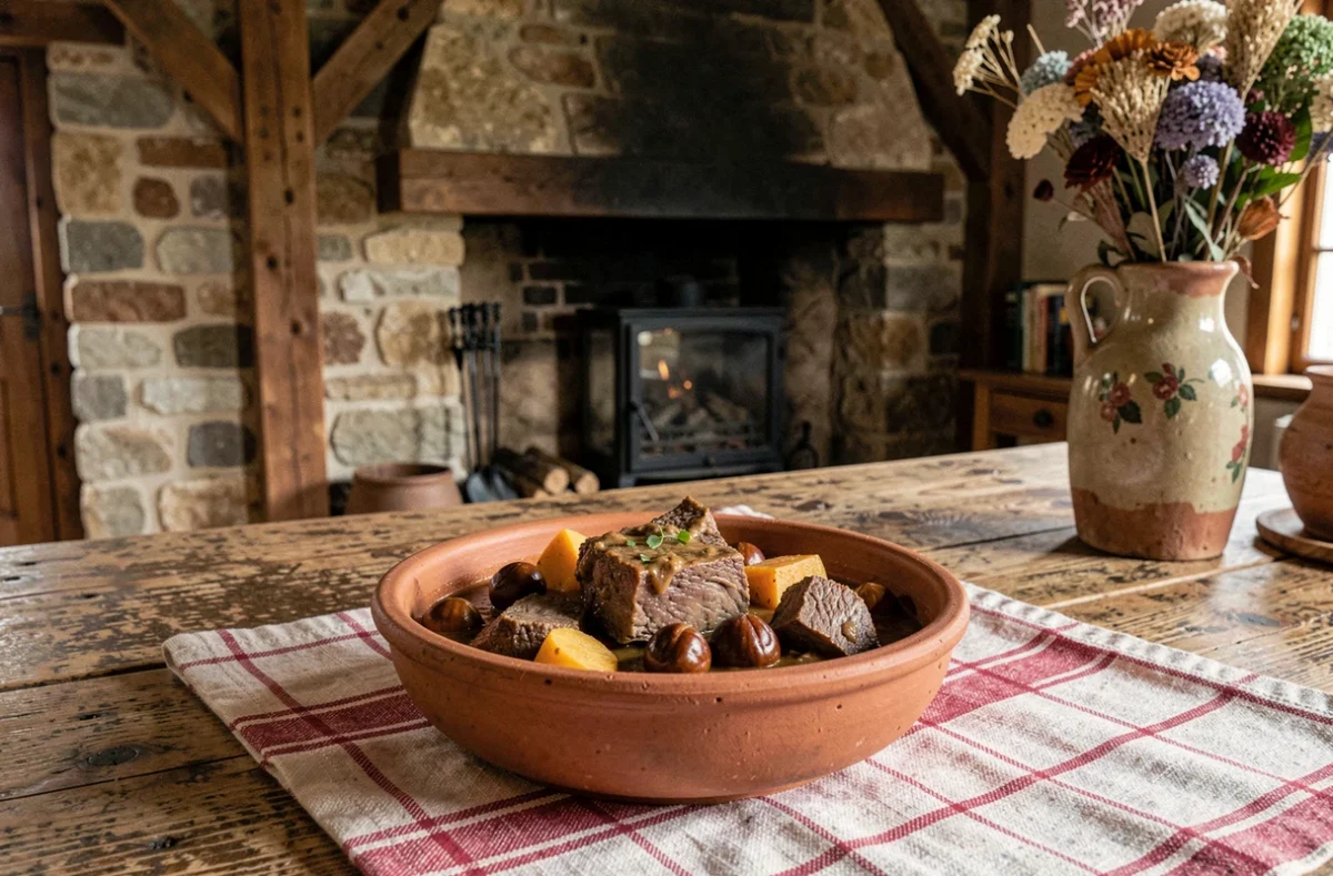 Table ardennaise authentique à l'Auberge du Laminak à Montcy-Notre-Dame, avec ragoût de gibier servi dans un cadre rustique en pierre