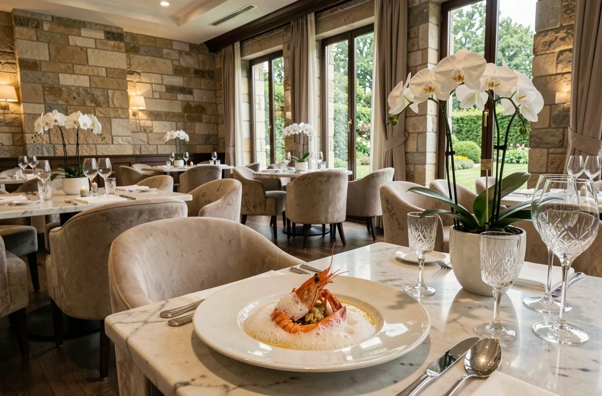 Salle gastronomique et spa de l'Auberge Saint-Walfrid à Sarreguemines, avec langoustine pochée sur table en marbre dans un décor luxueux