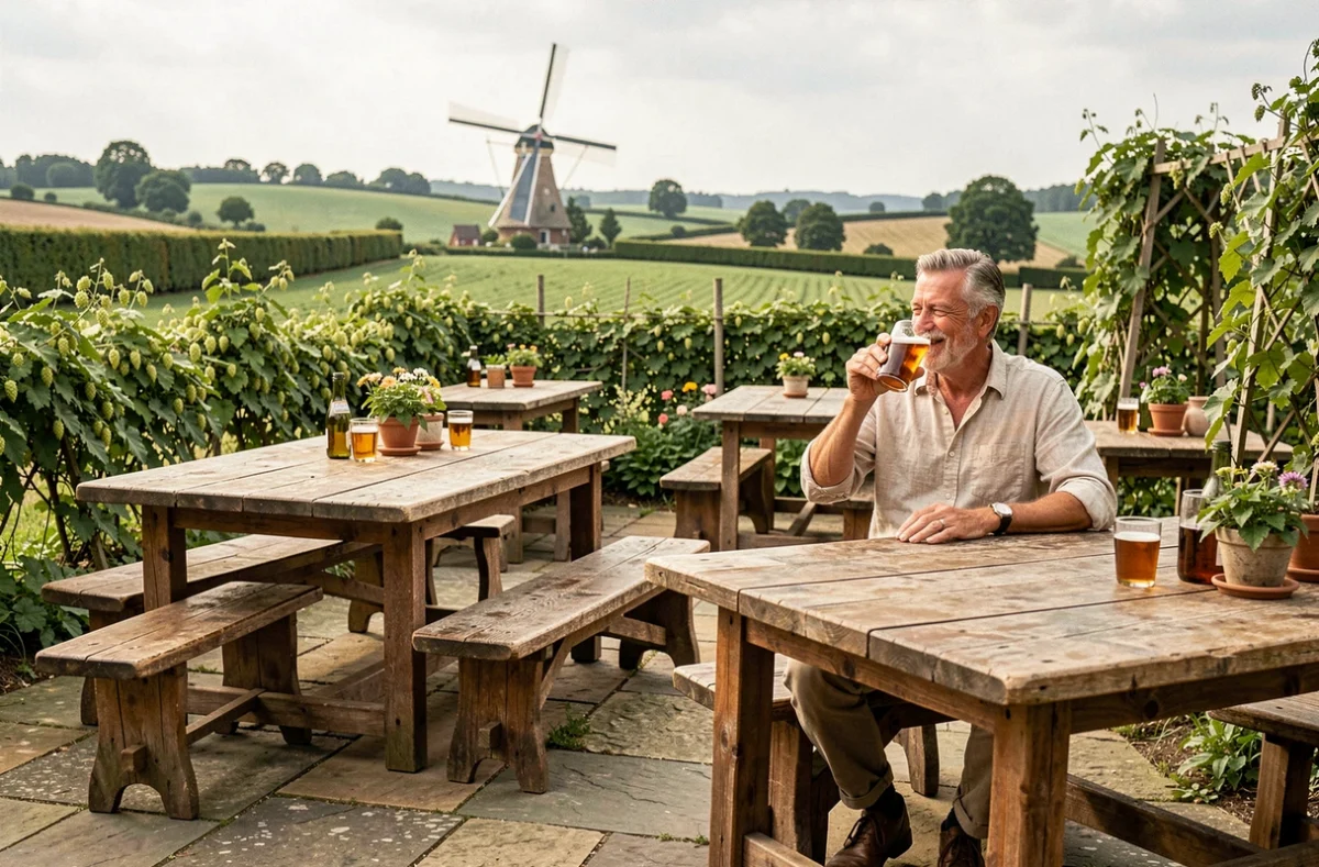 Terrasse rustique de l'Auberge du Vert Mont à Boeschepe avec tables en chêne, jardin de houblon et moulin flamand à l'horizon