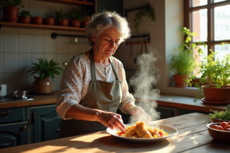 Femme portugaise préparant bacalhau à brás dans une cuisine chaleureuse
