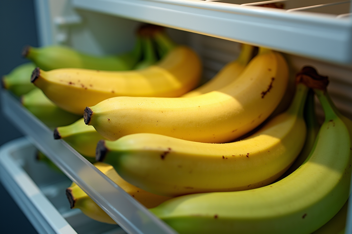 Bananes vertes dans un tiroir de réfrigérateur