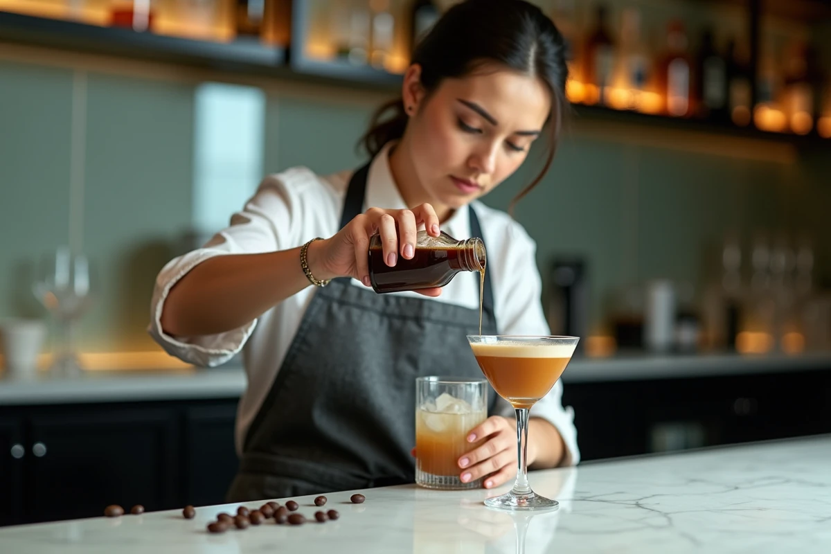 Barmaid versant un sirop aromatisé dans un shaker pour préparer un espresso martini garni de grains de café