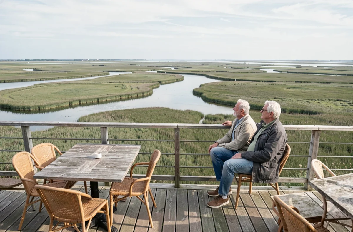 Terrasse du Belvédère au Crotoy avec vue panoramique sur la Baie de Somme, tables en bois et couple regardant l'étendue des marais