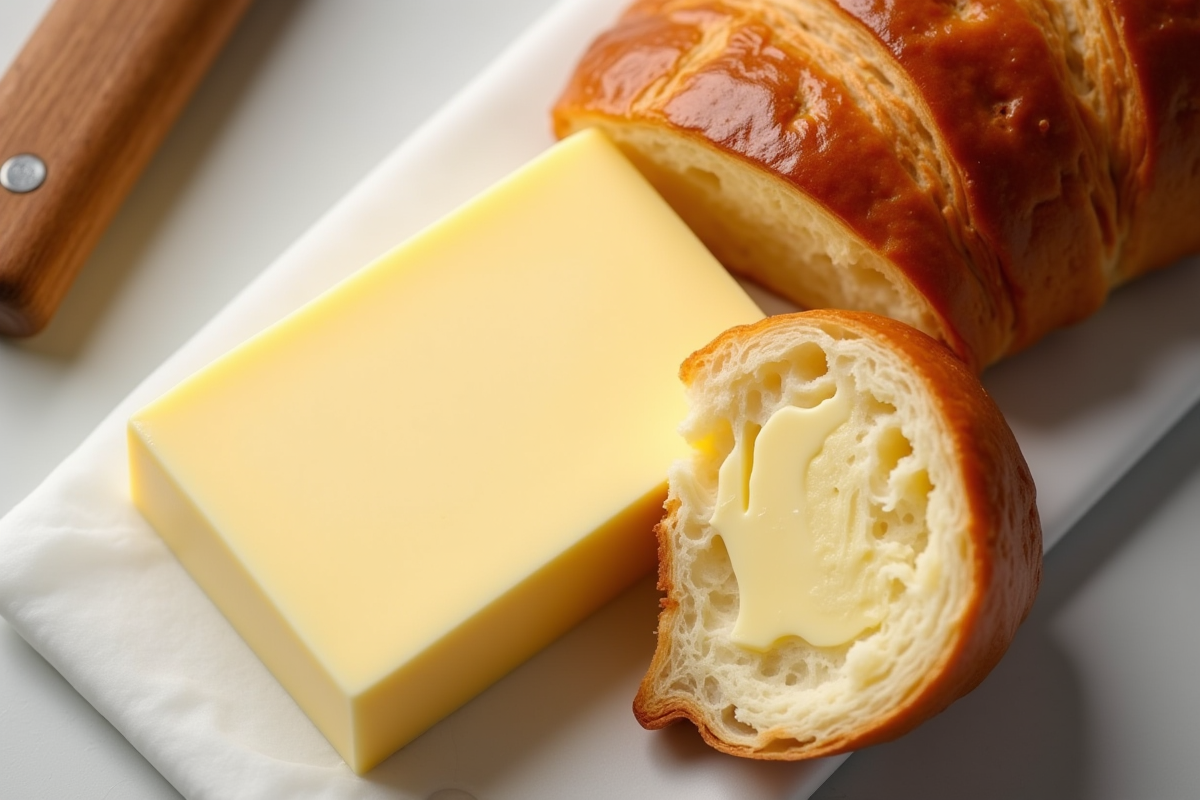 Morceau de beurre et croissant partiellement coupé en cuisine claire