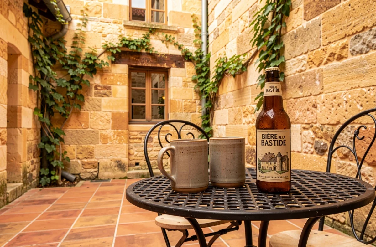 Table de dégustation avec bières de la Bastide dans une cour en pierre de style bastide médiévale