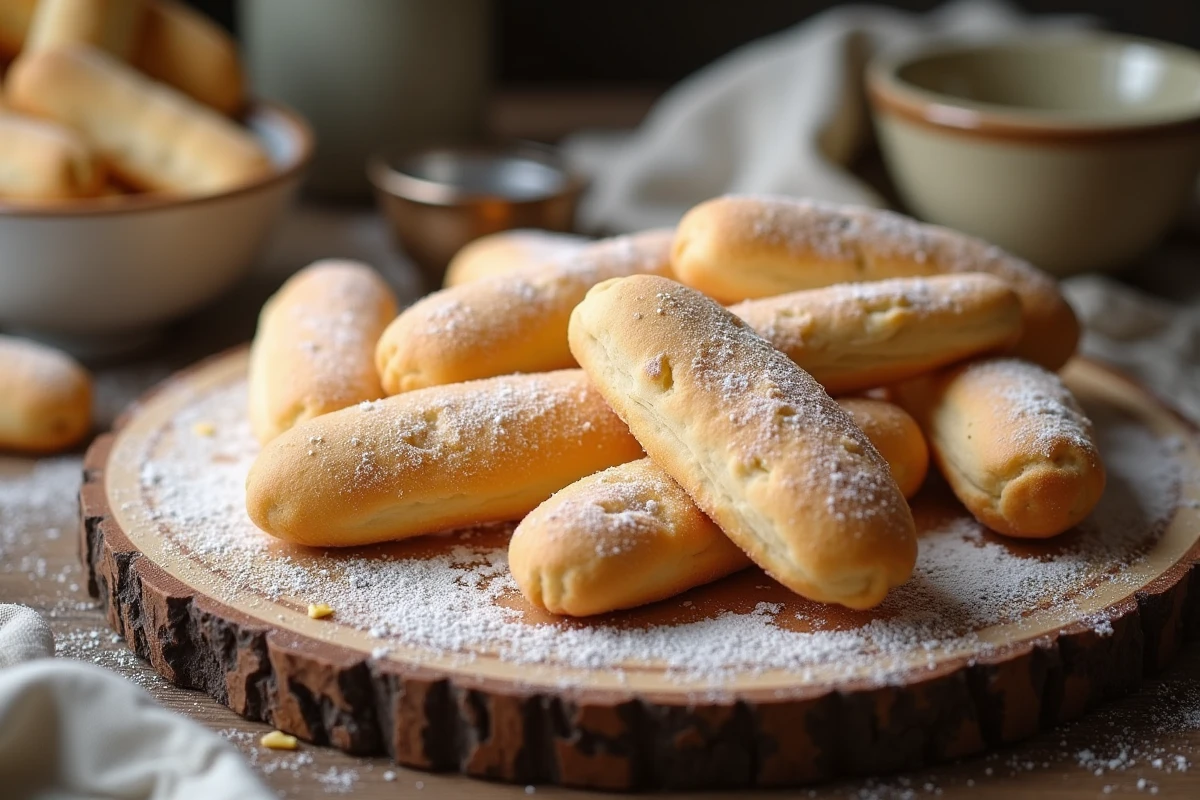 Biscuits cuillère faits maison dorés et saupoudrés de sucre glace sur une planche en bois rustique