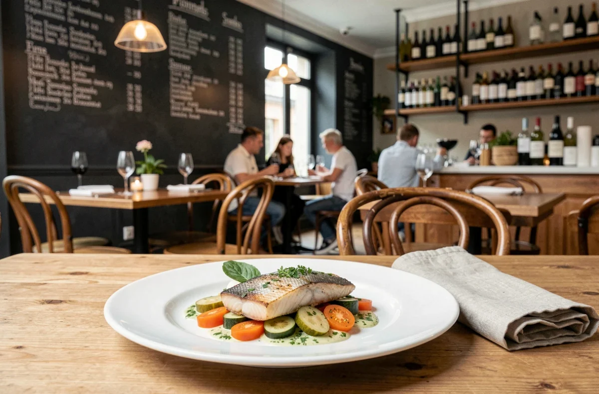 Assiette bistronomique soignée au Bistrot DuPont à Pont-Sainte-Marie, avec bar poêlé et légumes de saison dans un décor bistro authentique