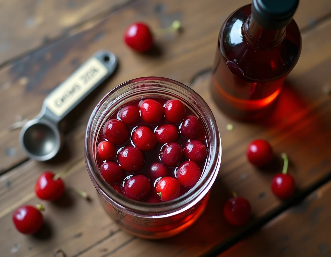 Vue de dessus d'un bocal de fruits macérés dans l'alcool 90° avec des cerises fraîches sur une table en bois