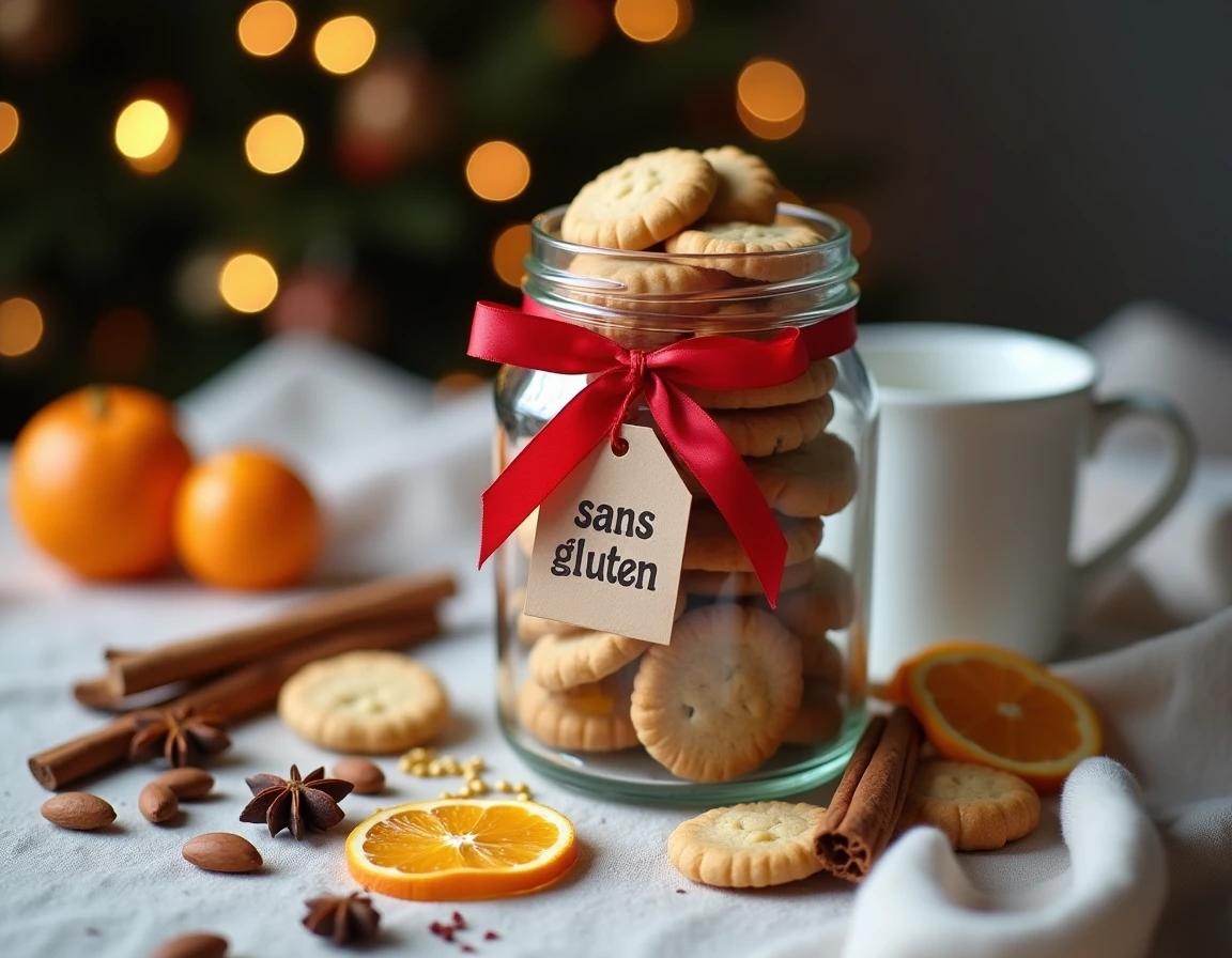 Bocal en verre rempli de sablés de Noël amande sans gluten noué d'un ruban rouge, entouré d'épices et de rondelles d'orange séchée sur une nappe en lin
