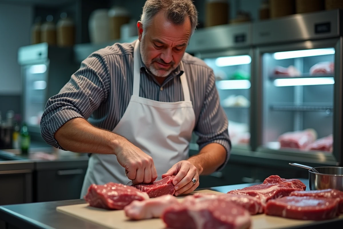 Boucher professionnel parant une picanha de veau sur comptoir en inox dans une boucherie