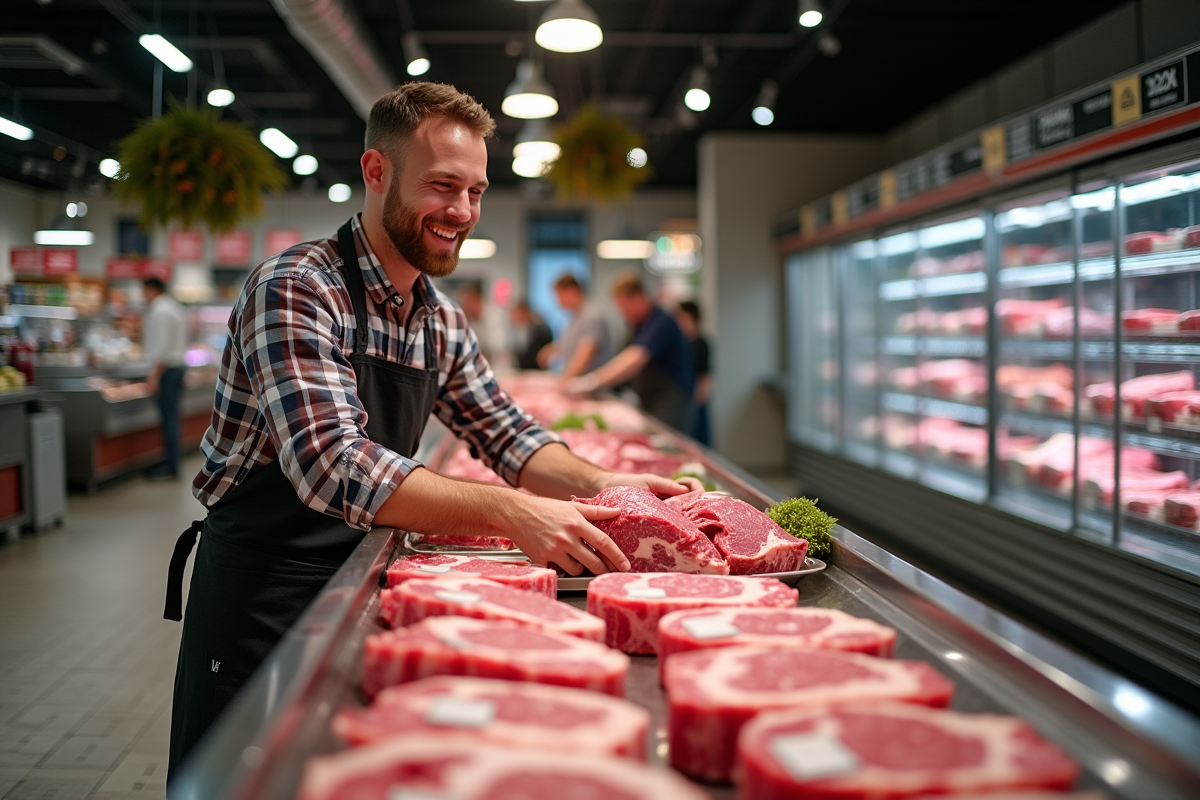 Jeune boucher dans un supermarché présentant du boeuf frais