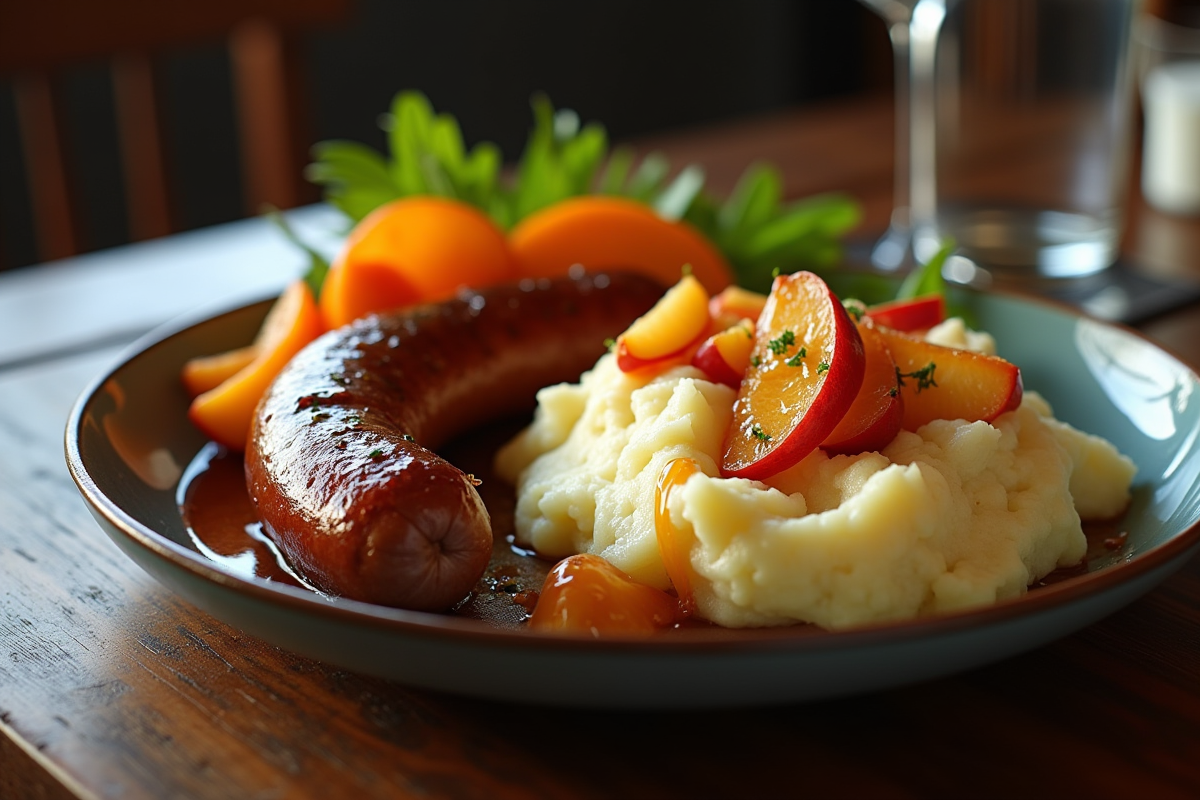 Boudin noir servi avec pommes caramélisées et purée