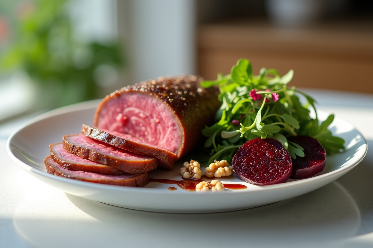 Tranches de boudin noir avec salade de betteraves et noix