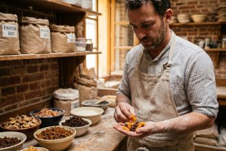 Boulanger artisan inspectant des fruits secs comme des abricots et des raisins dans une boulangerie traditionnelle
