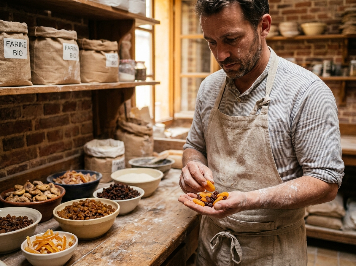 Boulanger artisan inspectant des fruits secs comme des abricots et des raisins dans une boulangerie traditionnelle
