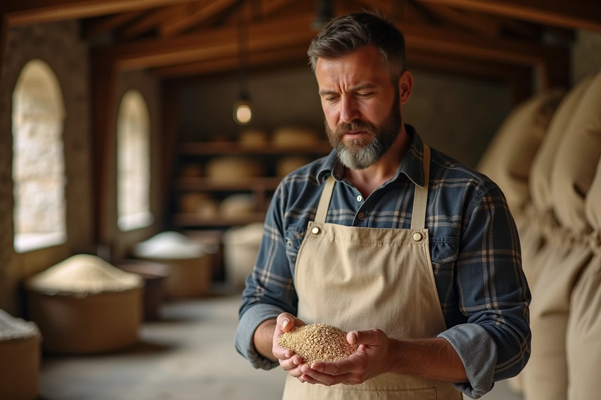 Boulanger moyen âge examinant des grains de blé et seigle