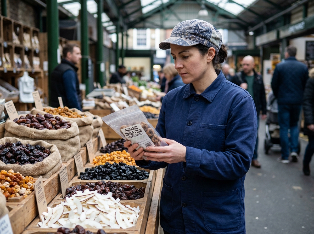 Boulangère artisane évaluant des fruits secs biologiques sur un marché de gros spécialisé